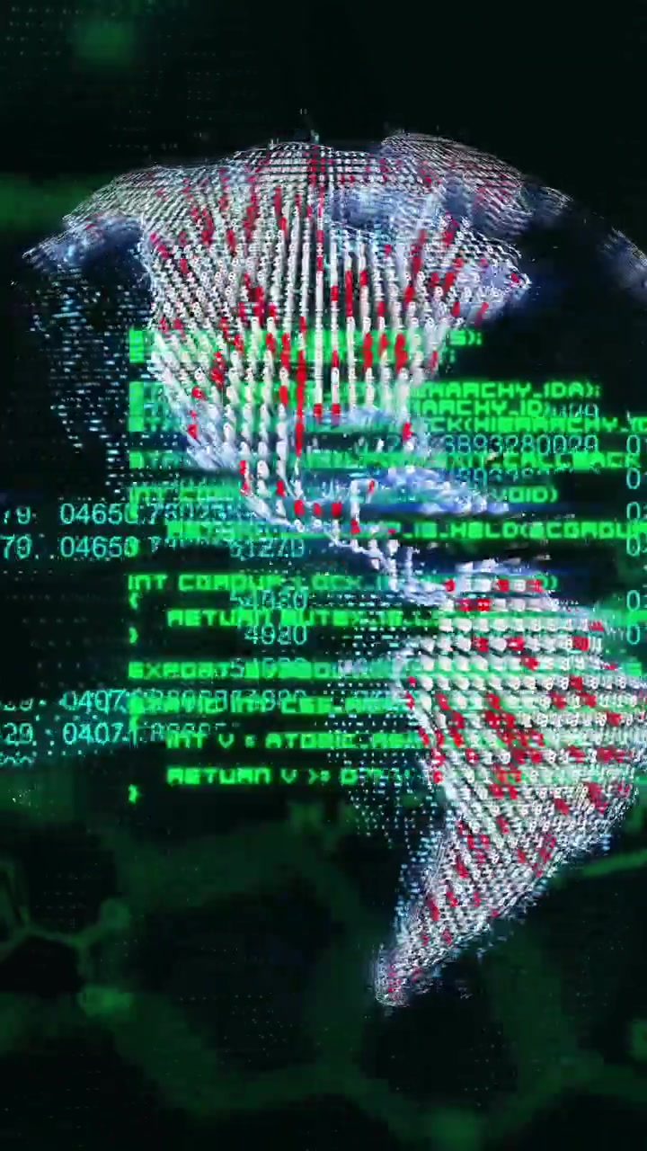 Animation of globe and chain over data processing and chemical formula on black background