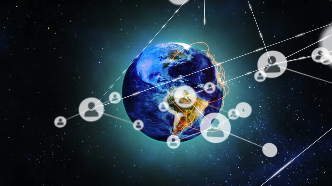 전 세계에 있는 아이콘과 연결된 네트워크의 애니메이션