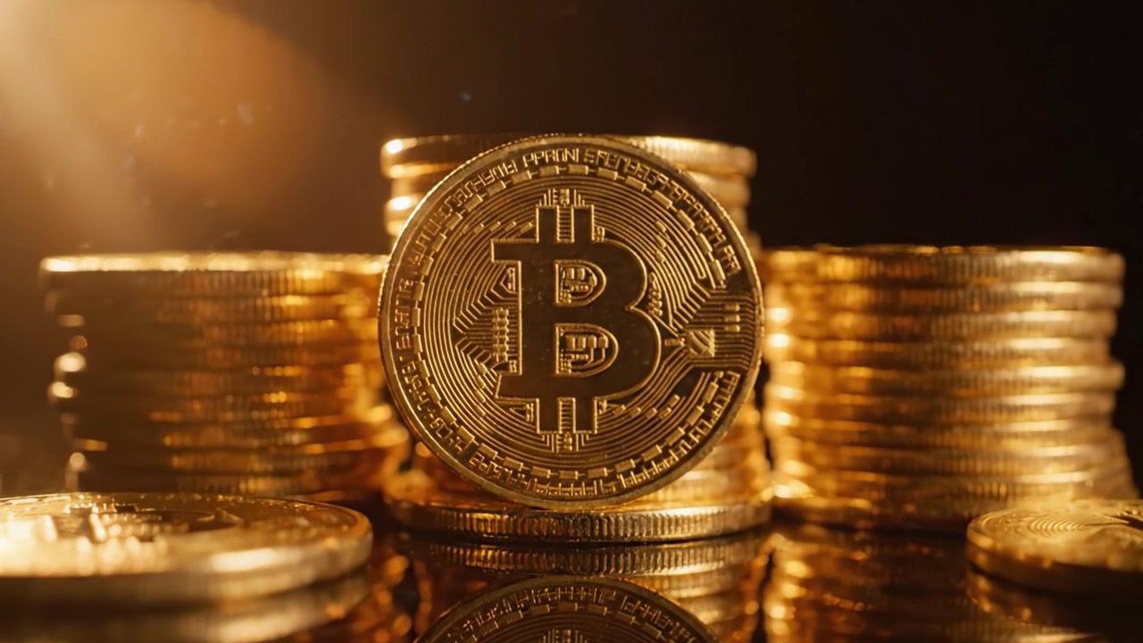 Uma Coleção Reluzente de Moedas Bitcoin Empilhadas Elegantemente, Exibindo Suas Superfícies Reflexivas em um Ambiente Escuro, Simbolizando Riqueza Digital e Potencial de Investimento