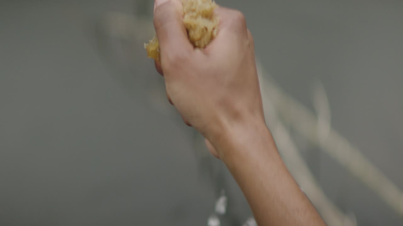 женщина выдавливает губку с чистой водой в реку