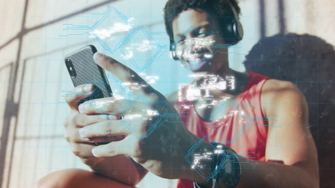 Animation of media icons over african american man using smartphone