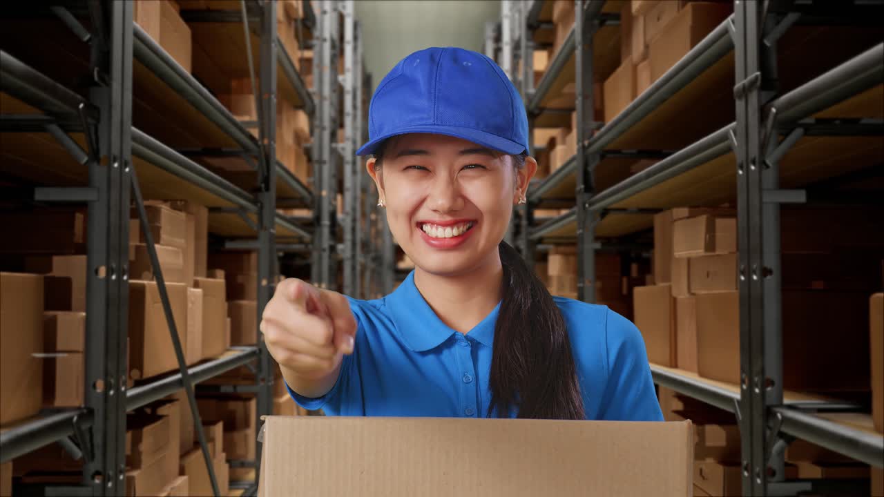 Close Up Of Asian Female Courier In Blue Uniform Smiling And Making Honest Gesture While Delivering A Carton In Warehouse