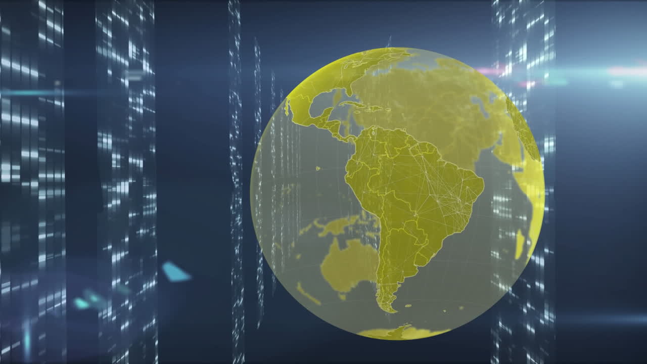 animación de puntos de luz y globo sobre fondo azul