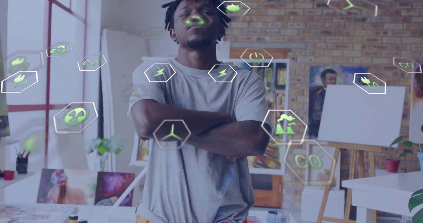 Artist shifting weight and extending hand, activating green energy icons gathering around him