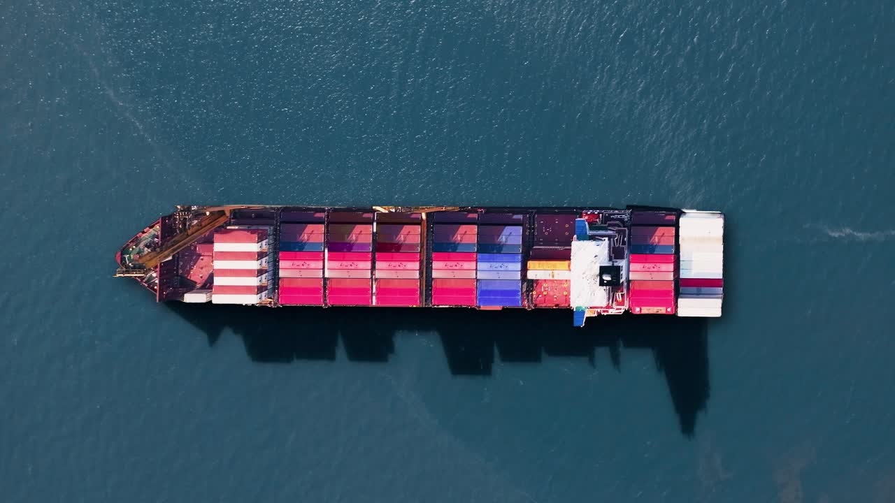 Container ship navigating busy trade routes with vibrant cargo in a global logistics network