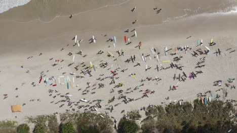 4k drone shot of surfer people with their surfboards standing on the beautiful white beach at byron bay, australia