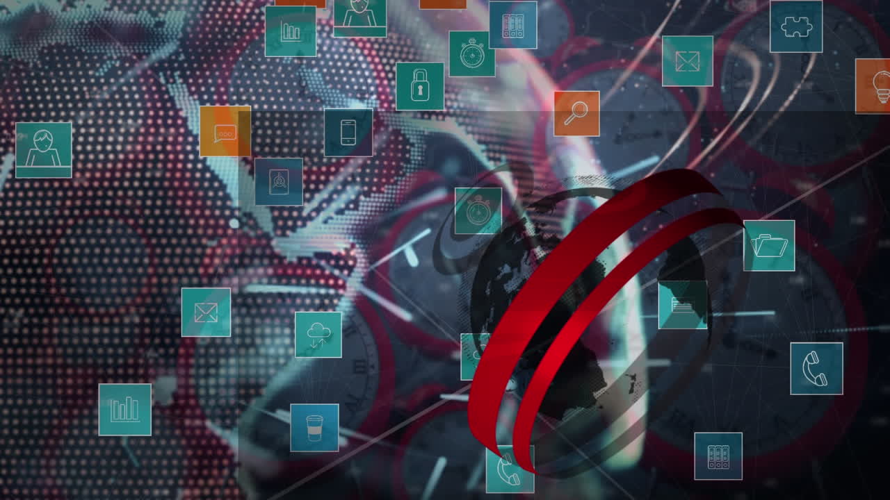 미디어 아이콘의 네트워크와 시계에 대한 데이터 처리와 함께 지구의 애니메이션