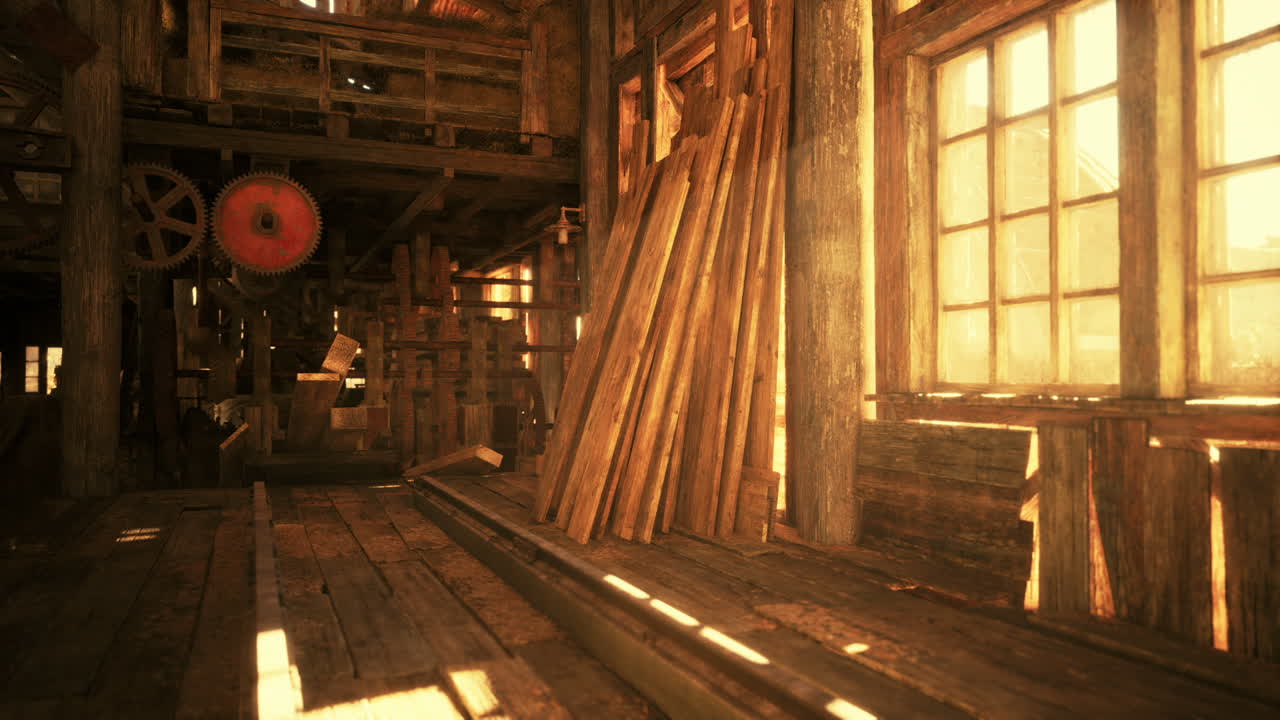 Warm sunlight filters through wooden beams in an old workshop at sunset