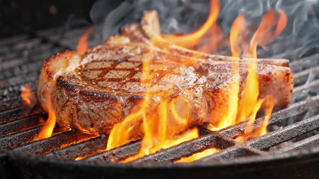 Sizzling Perfectly Grilled Steak: A Close-Up of Juicy Meat Cooking on a Charcoal Grill Surrounded by Flavorful Flames and Smoke