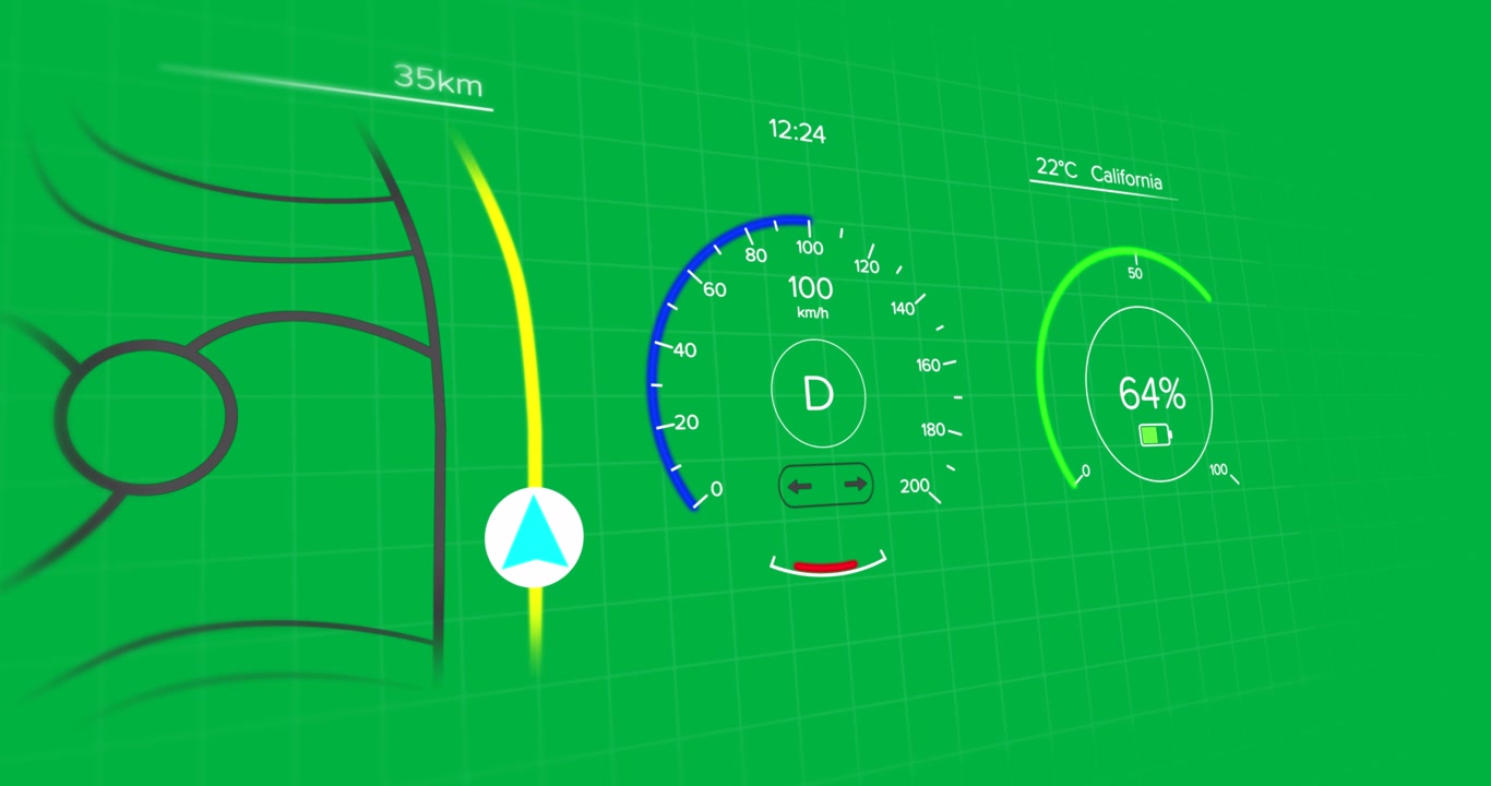Animation of interface with speedometer and power and energy icons on dark background