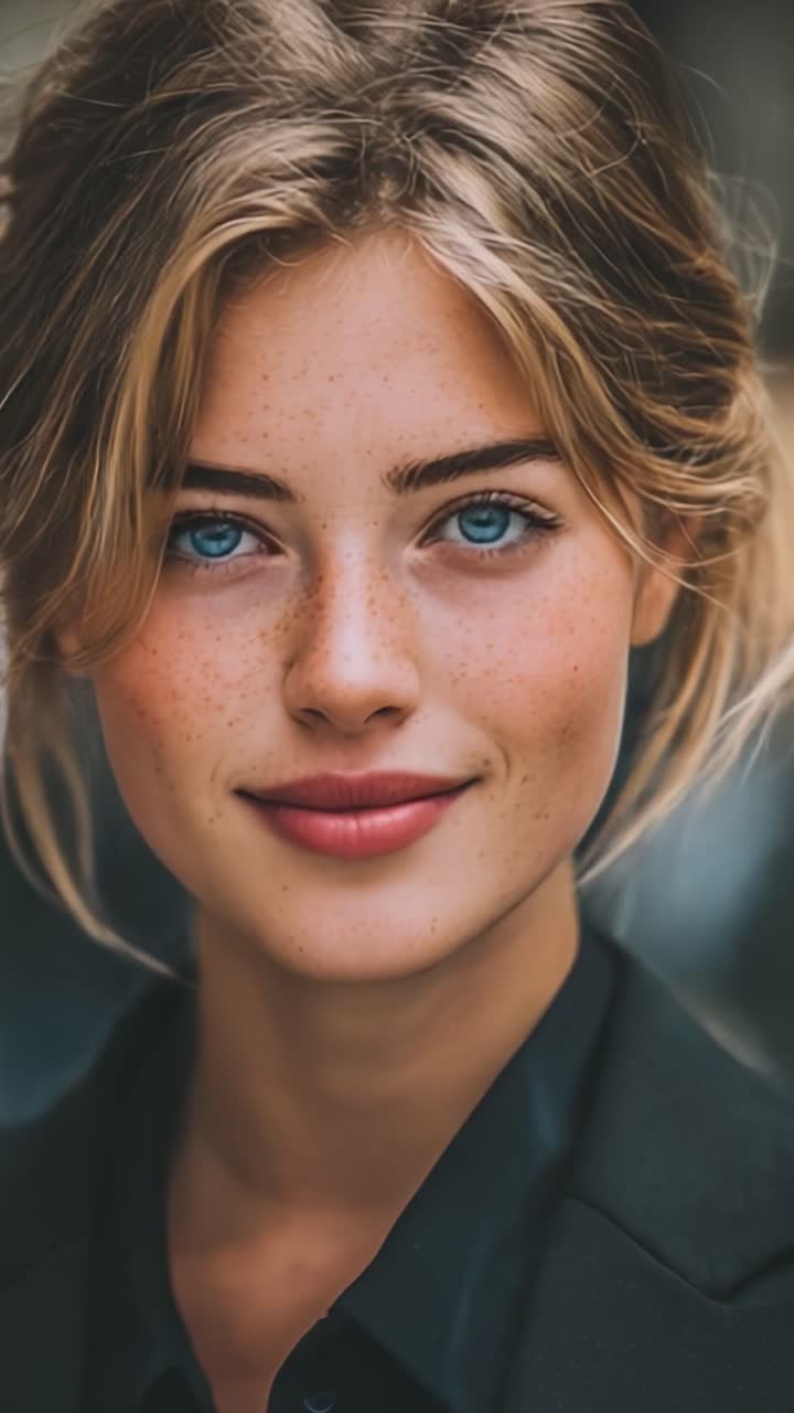 Ritratto ravvicinato e accattivante di una giovane donna con lentiggini e occhi azzurri brillanti, che emana fiducia e calore in un elegante outfit nero.