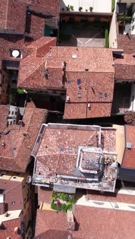 vertical top down drone shot old italian town buildings rooftops and streets on sunny day, verona italy