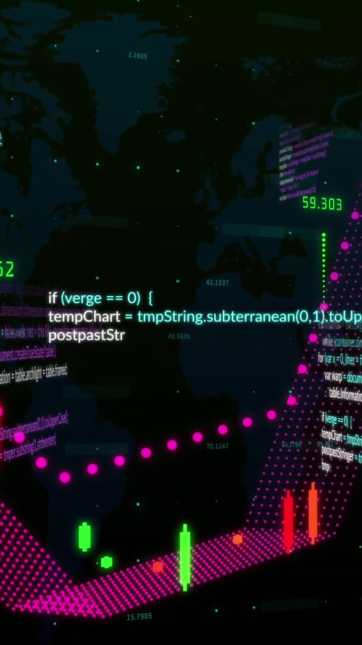 Animation von Finanzdatenverarbeitung über dunklem Hintergrund