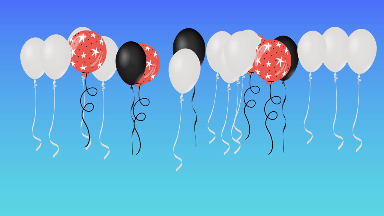 Animazione di palloncini rossi, bianchi e neri che rimbalzano su sfondo blu