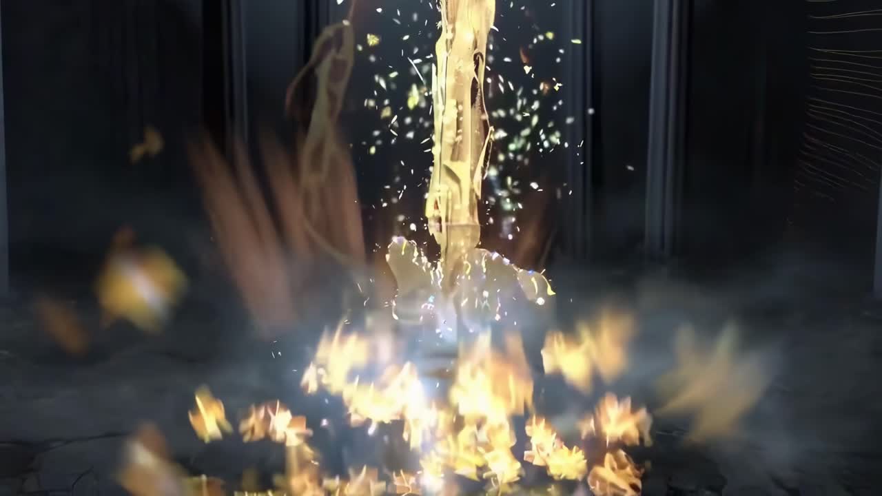 Libro magico emette un bagliore, inquadratura dal basso, stile video fantasy.