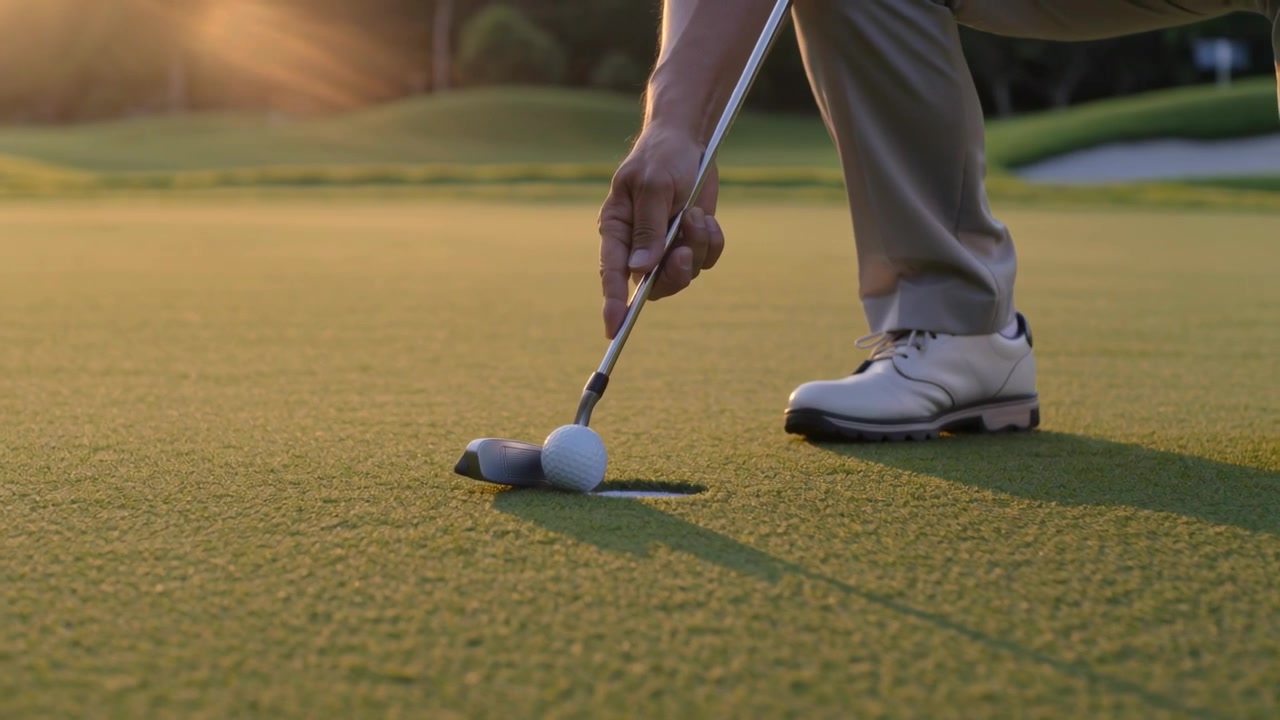 Noticing ball at cup, golfer in tan trousers placing, aligning putter on green to sink putt