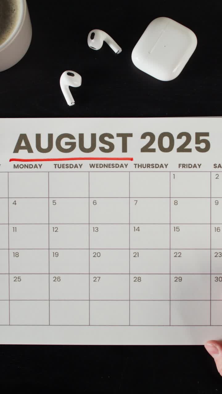 August 2025 Calendar with Headphones and Coffee Cup