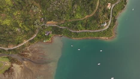 coastal road through lush green forest, bay with anchored boats and houses along shore, picton, new zealand. aerial top-down orbiting