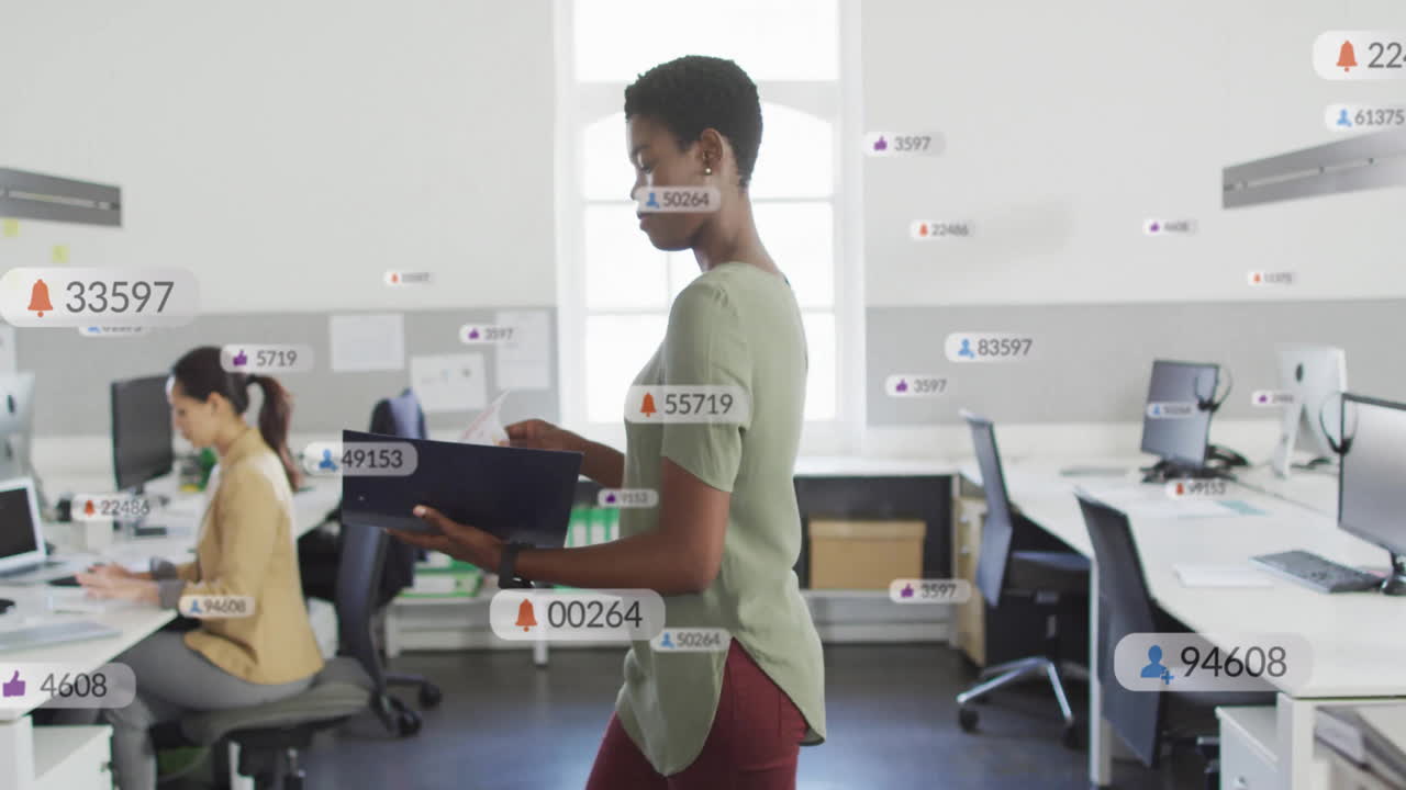 Animation of notification bars over african american woman analyzing reports while walking in office