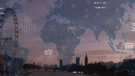 Animation-of-world-map-and-data-processing-over-london-cityscape