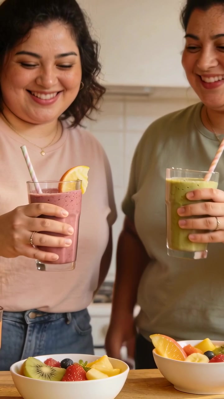 Video verticale: Due donne che sollevano frullati, brindando con i bicchieri per un contenuto culinario al bancone della cucina.