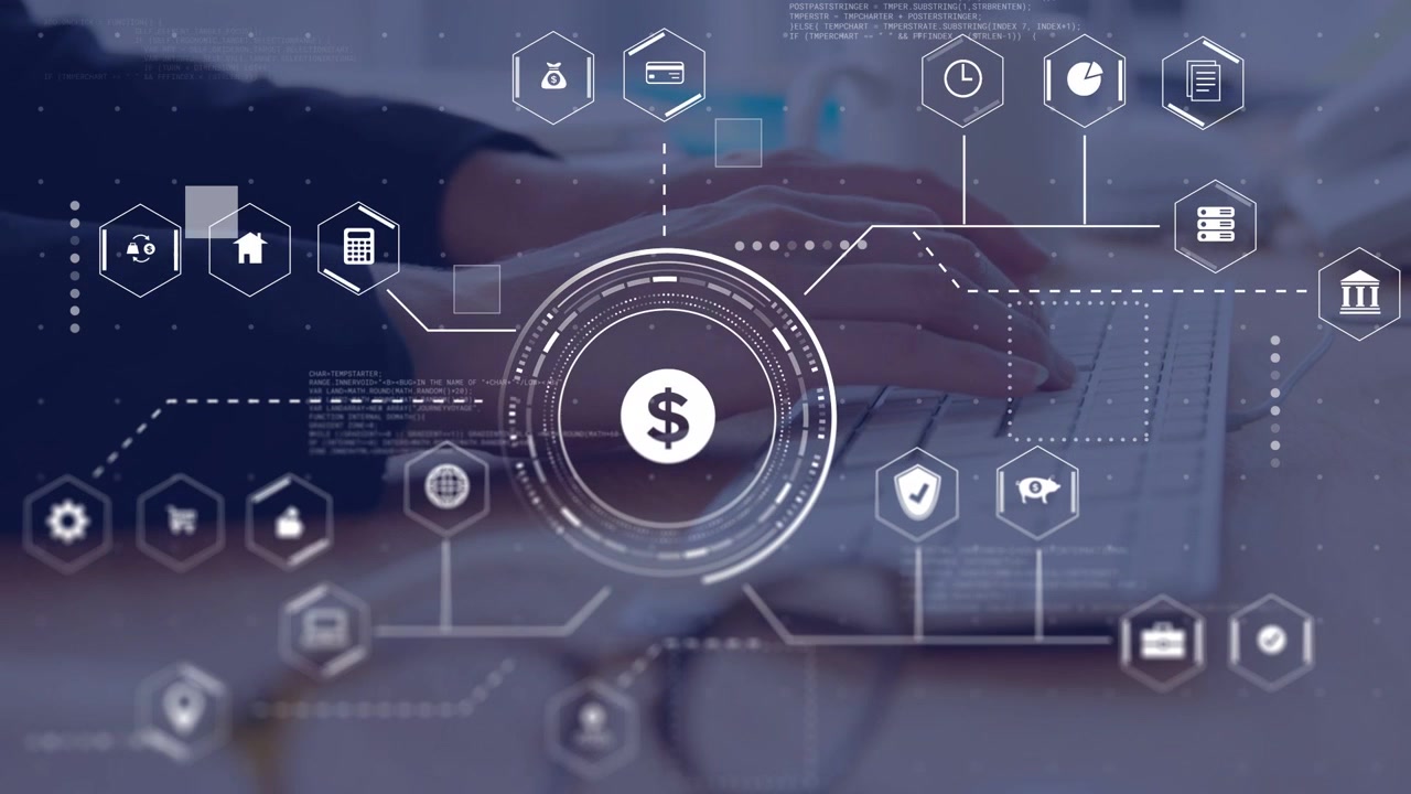Woman typing on keyboard activating financial HUD, dollar symbol growing while visualizing finances