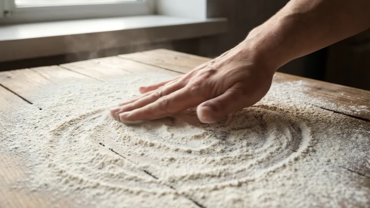 Hand Spreading Flour in a Spiral Pattern on a Rustic Wooden Table
