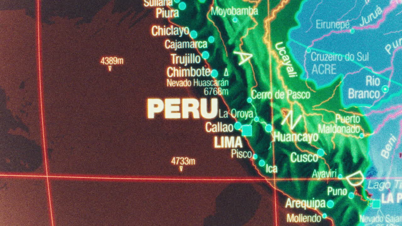 A detailed map showing Peru, its major cities, and geographical features
