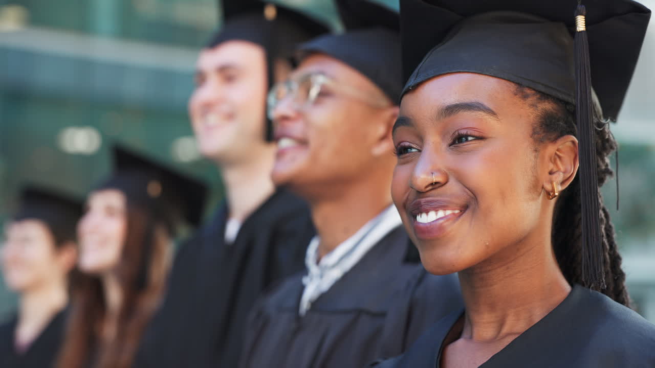 Skole, campus eller glade dimittender ved ceremoni
