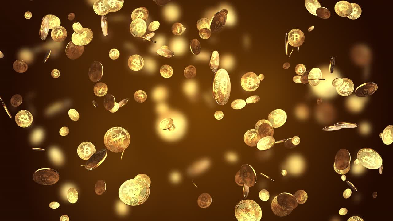 3d render of gold bitcoins falling bitcoins are falling on a loop background animation bitcoin
