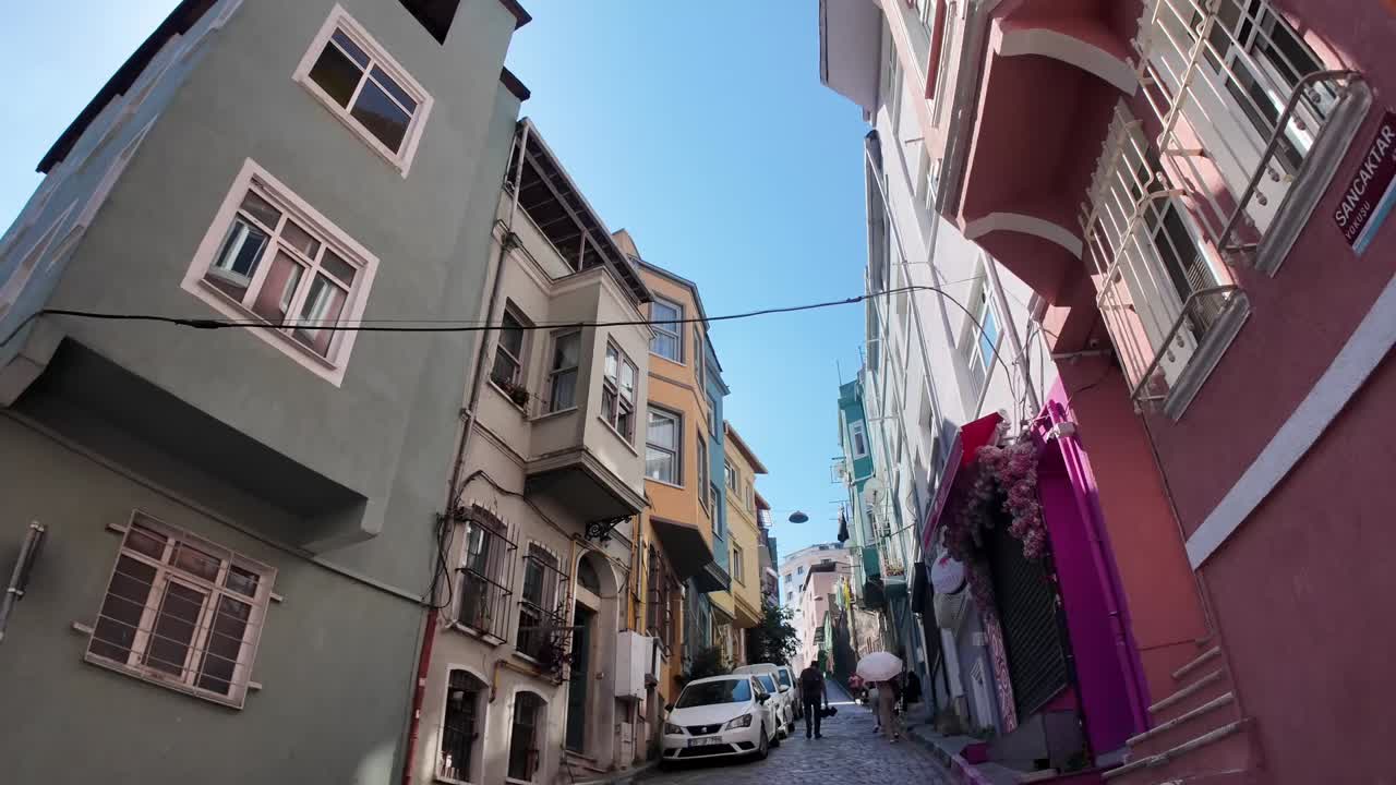 Street view of colorful buildings