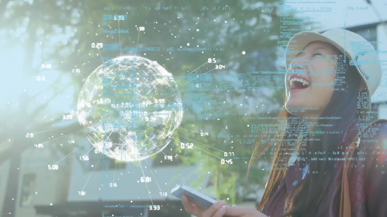 Animation of data processing and globe over asian woman using smartphone