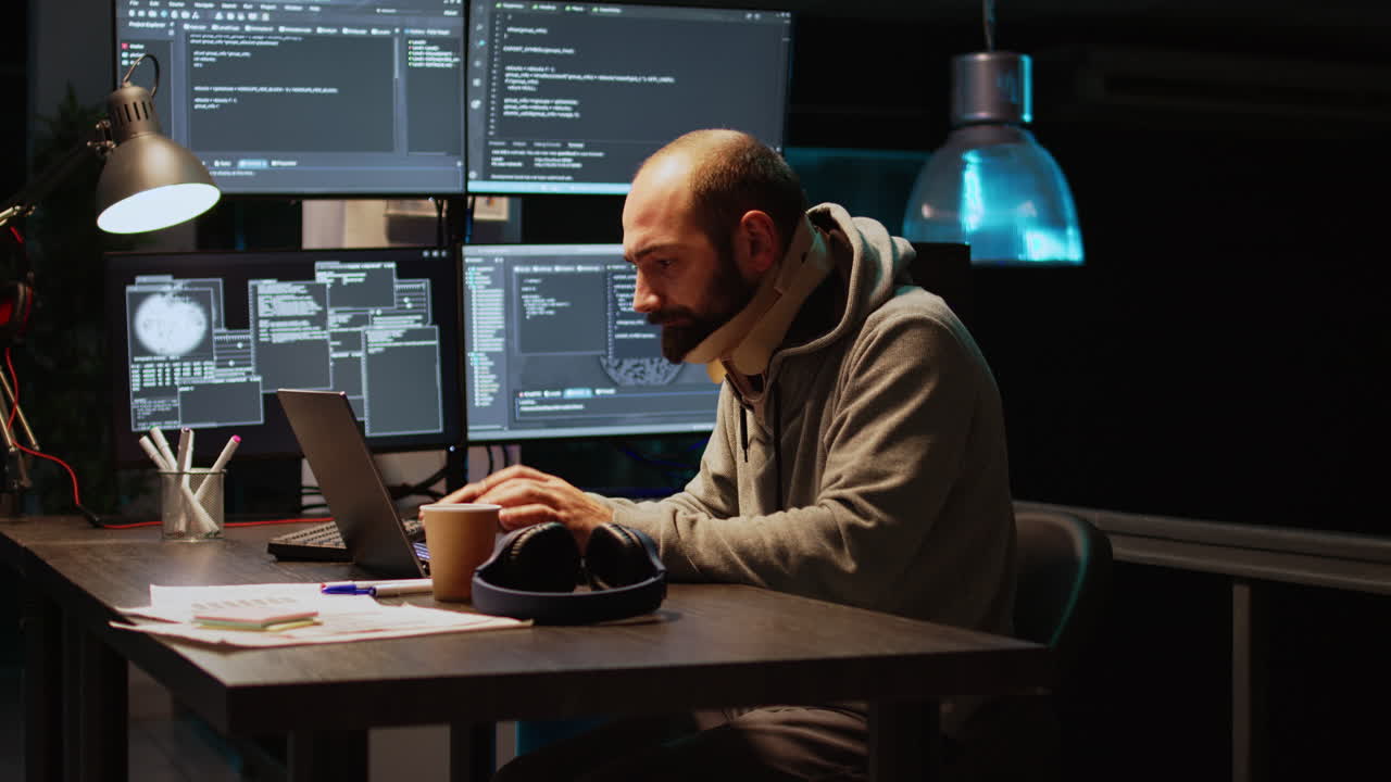Programmer with neck brace working on computer