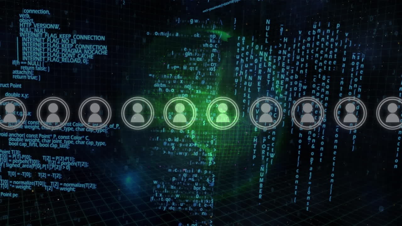 animación de procesamiento de datos y iconos de personas digitales en todo el mundo