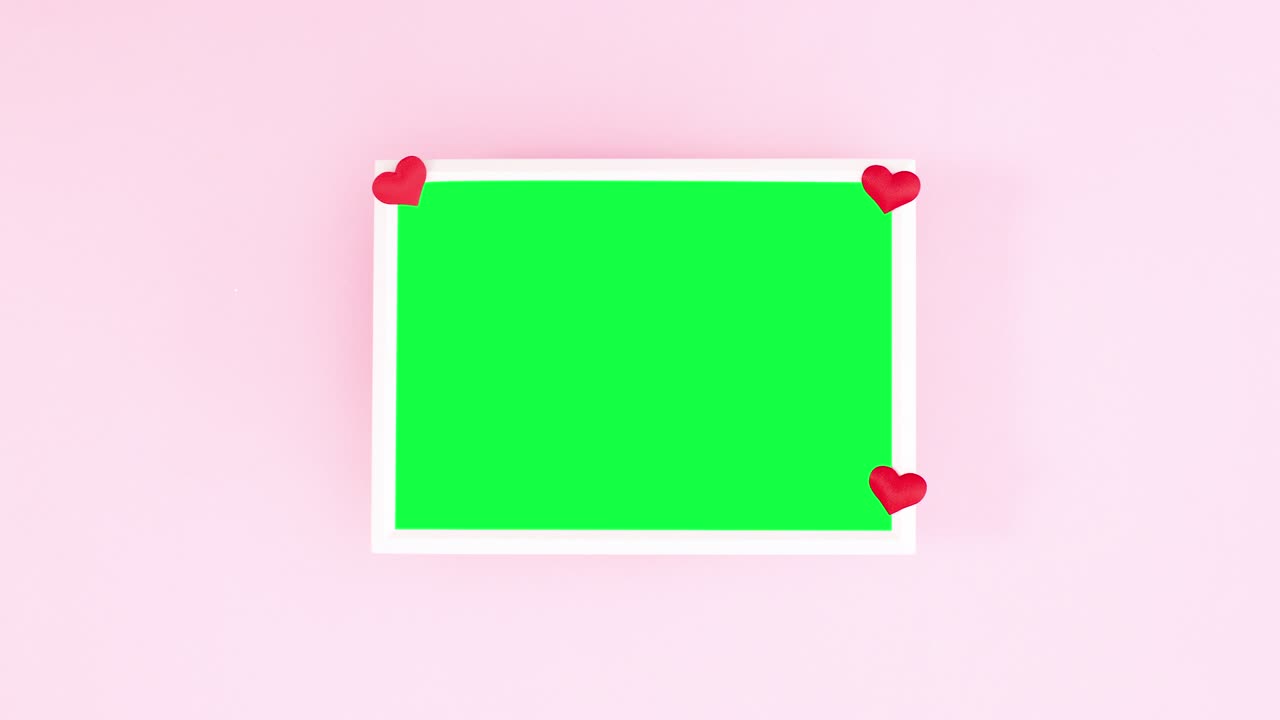 초록색 스크린과 파스텔 분홍색 테마에 빨간 심장을 가진 만적 인 사랑 프레임.