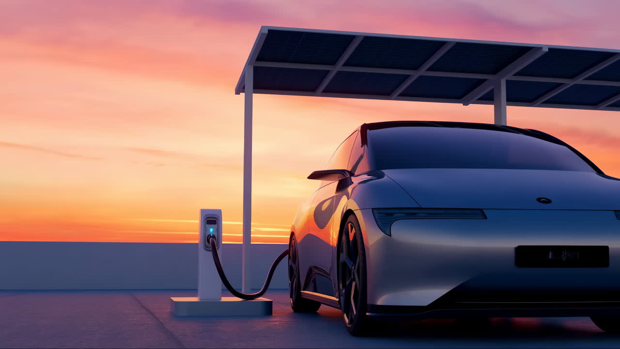 Gün Batımında Güneş Panelli Kanopinin Altında Şarj Olan Modern Elektrikli Otomobil