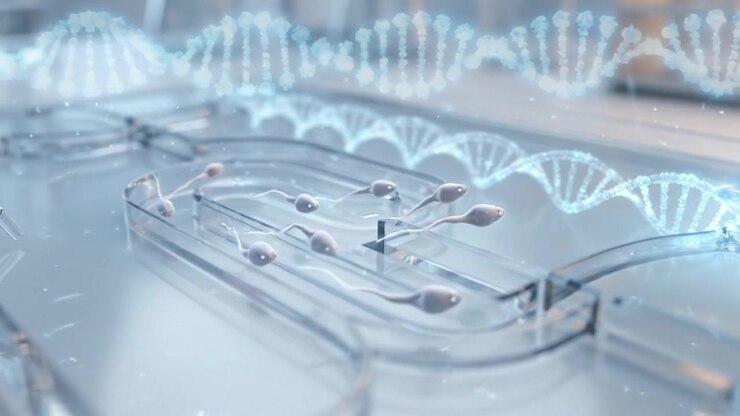 Transparent DNA strands arranged across futuristic laboratory analysis platform