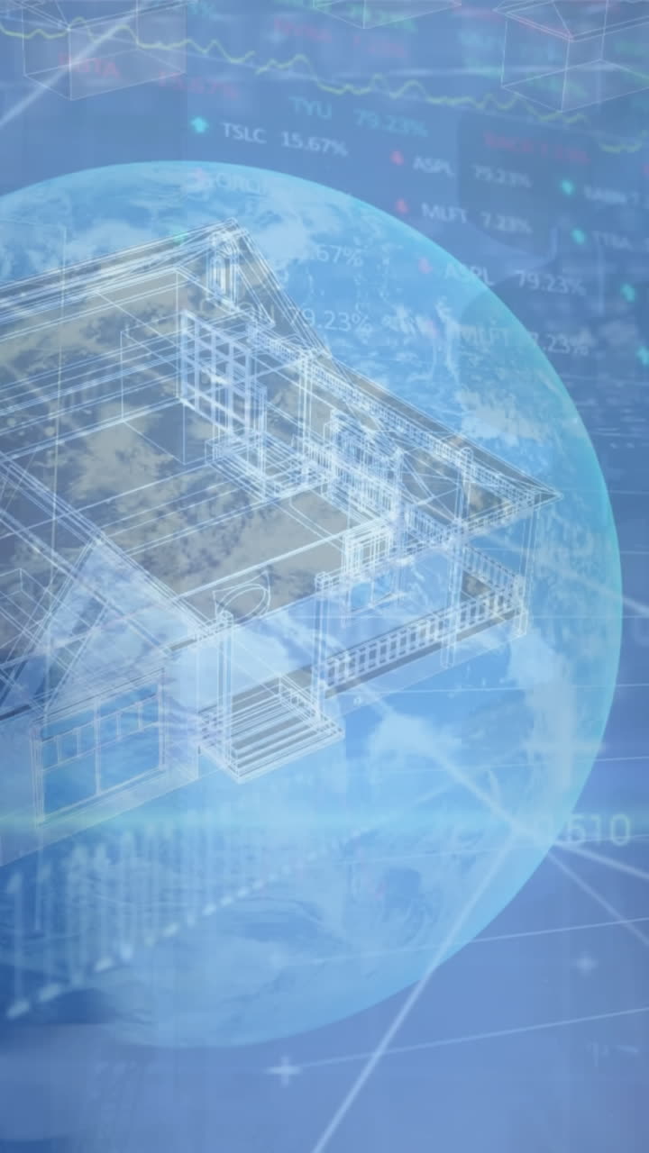 Animation of financial data processing and globe over business people walking