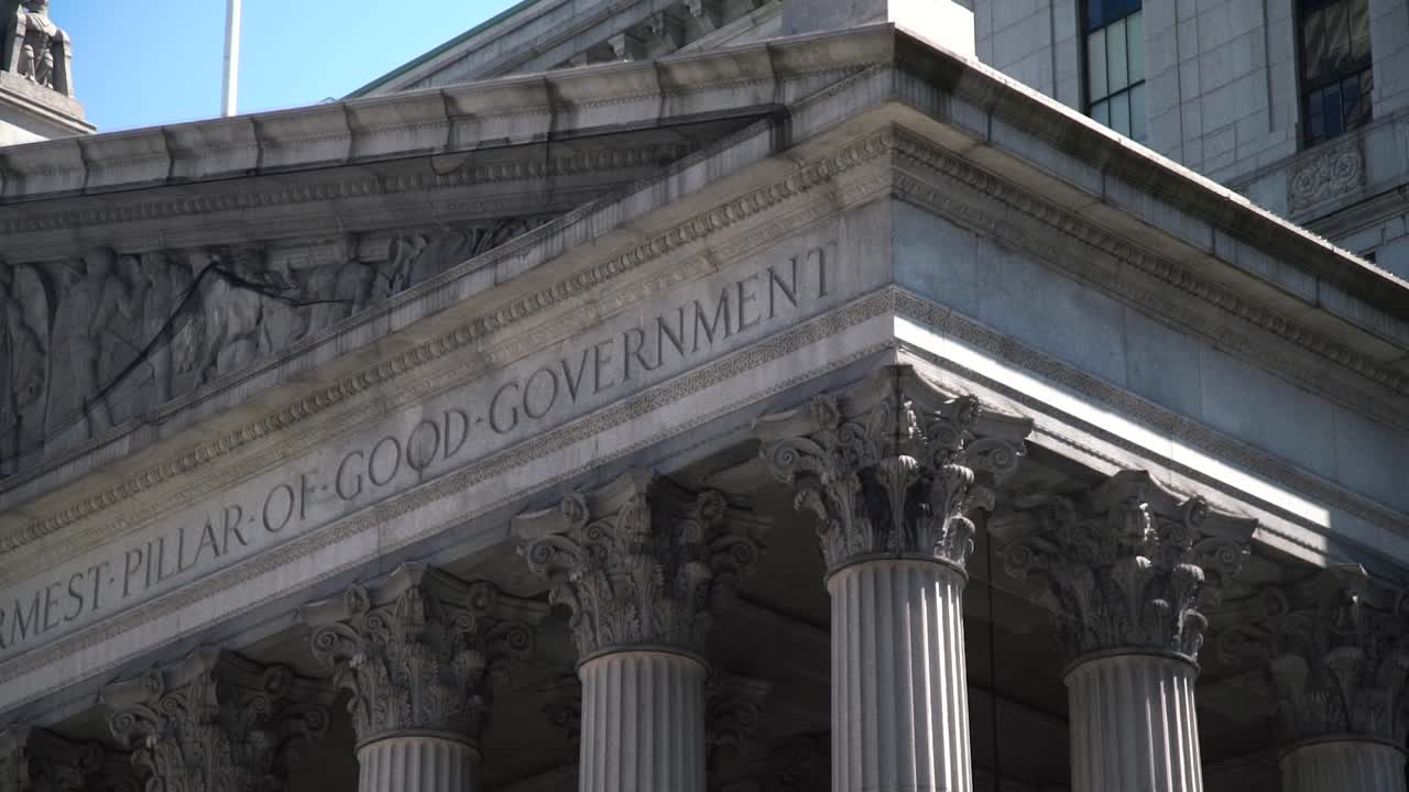 GOOD GOVERNMENT words engraved in New York Old Building. Perfect Shot for Video About Politics - Other Social Topics.