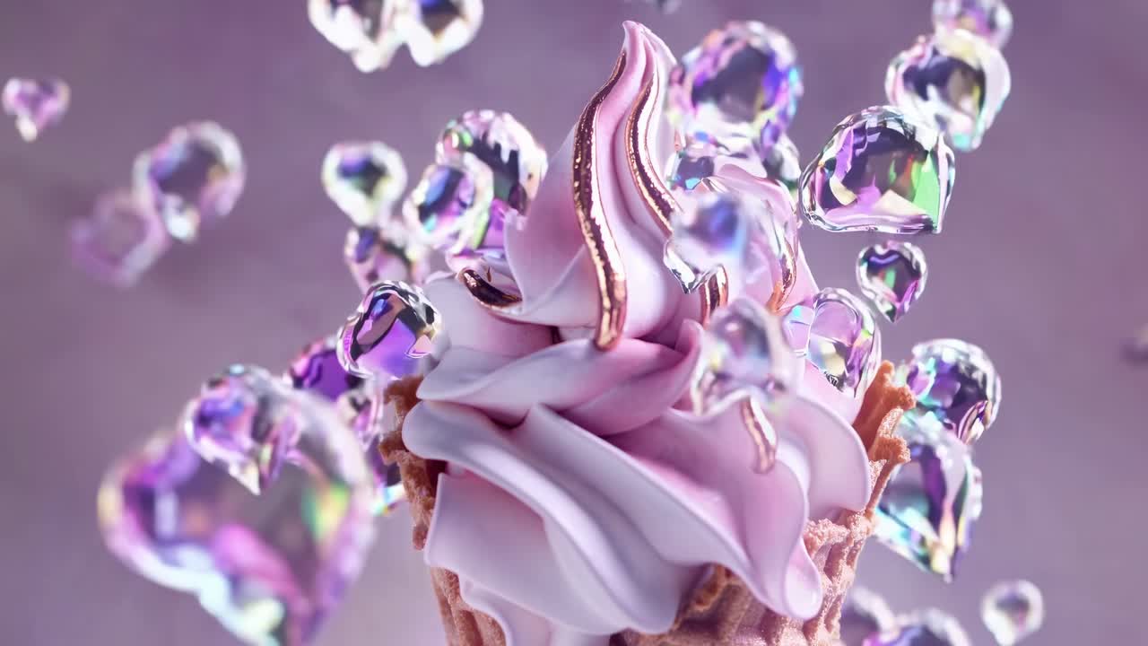 심장 모양의 비누 거품이 황금색 줄무를 가진 크리미한 분홍색과 색 아이스크림 코너 주위를 떠다니며 부드러운 회색 스튜디오 배경에 기발한 꿈 같은 디저트를 제시합니다.