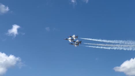 military airshow display with coordination of flying jet aircrafts