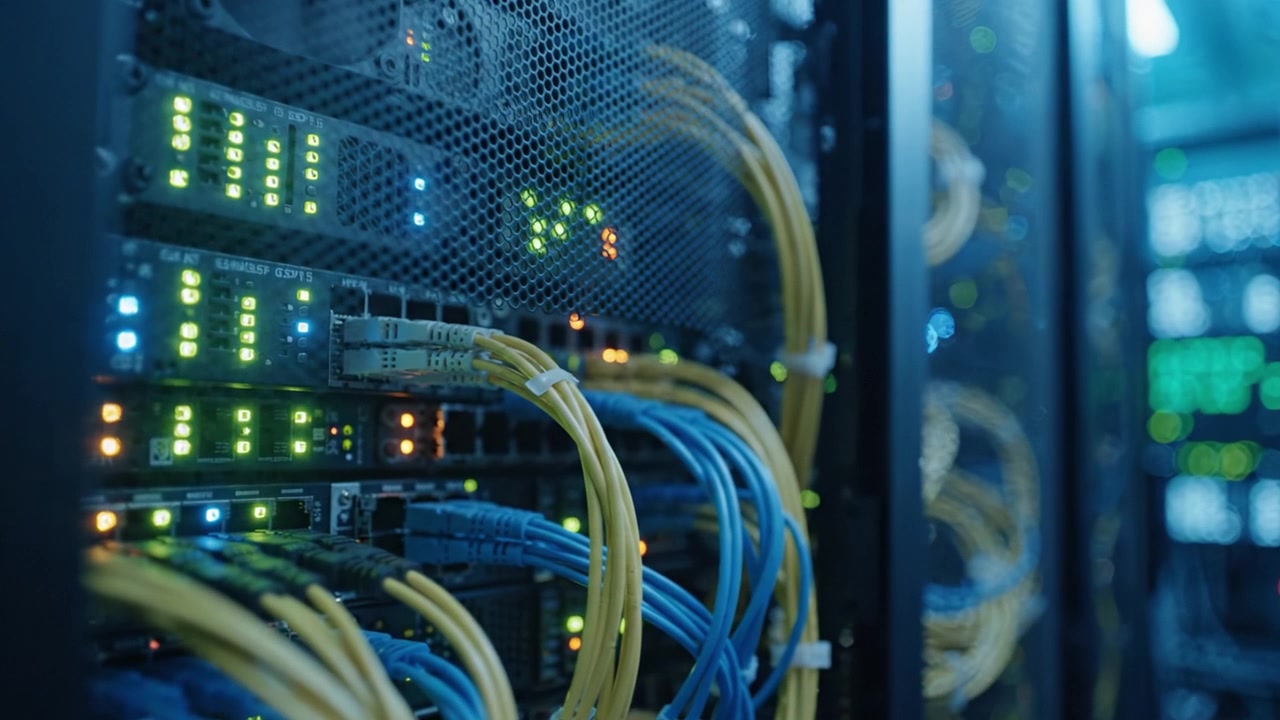 A Close-Up View of Data Center Infrastructure Featuring Multiple Network Switches and Colorful Cables, Showcasing the Complexity of Modern Server Technologies