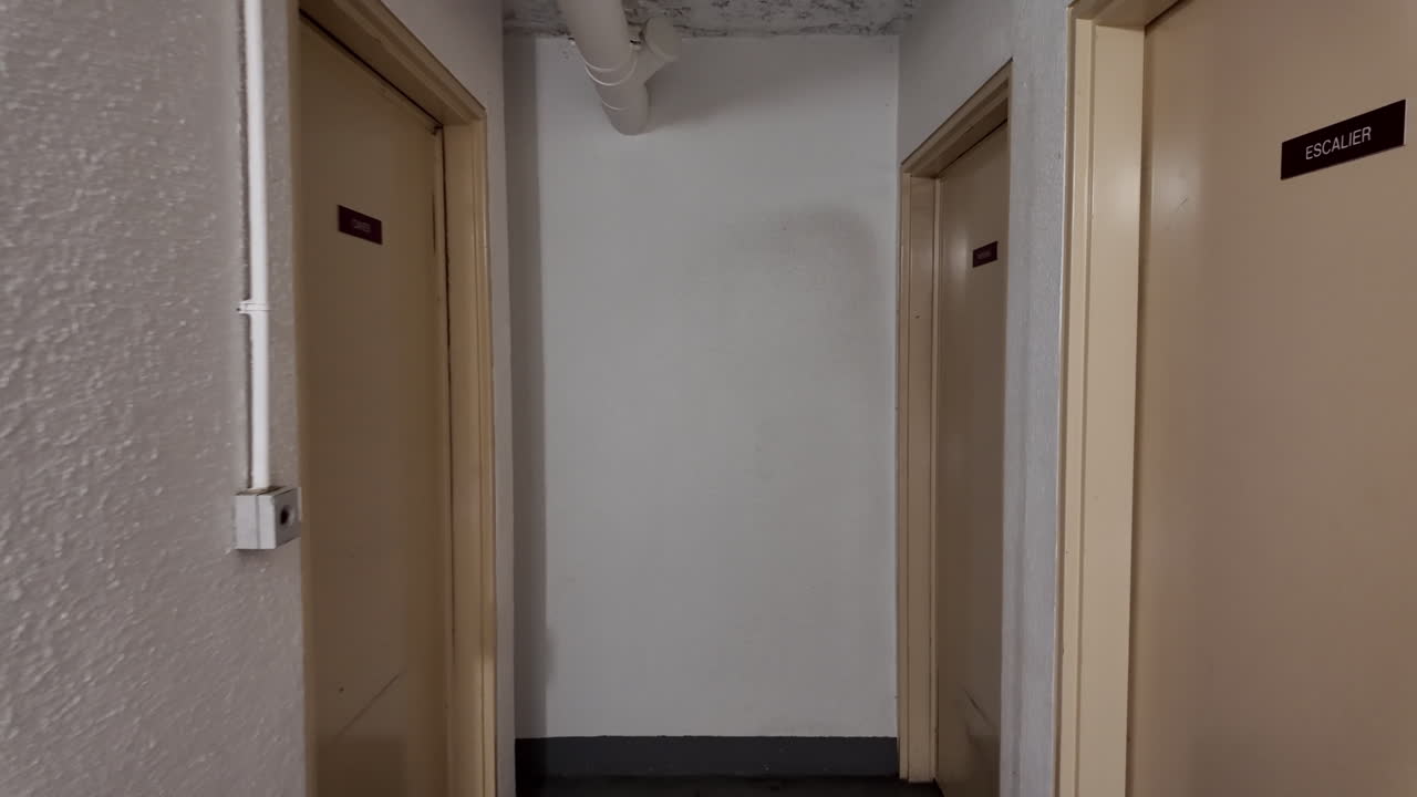 Walking towards apartment door at end of hallway. Walker POV
