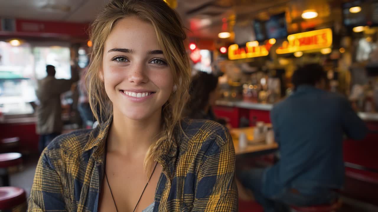 Un sorriso smagliante in un'accogliente tavola calda: una giovane donna irradia gioia in un'atmosfera informale, circondata da amici e cibo delizioso