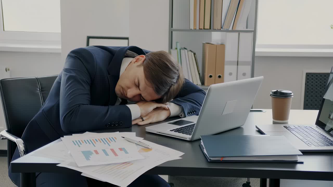 Tired businessman in a suit sleeping at his desk in the office, exhausted from analyzing marketing data and working diligently on an important project under tight deadlines