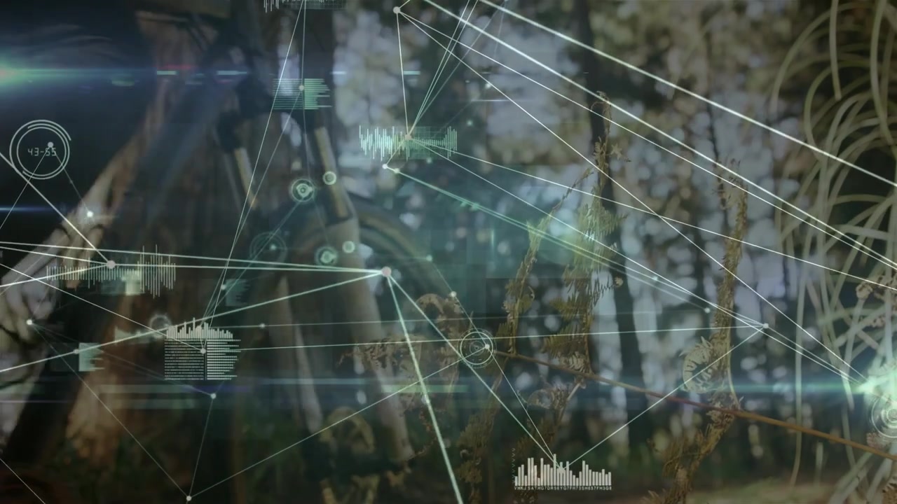 Vertical video: Man pushing bike entering as overlay rising, HUD tracking motion for tech analysis