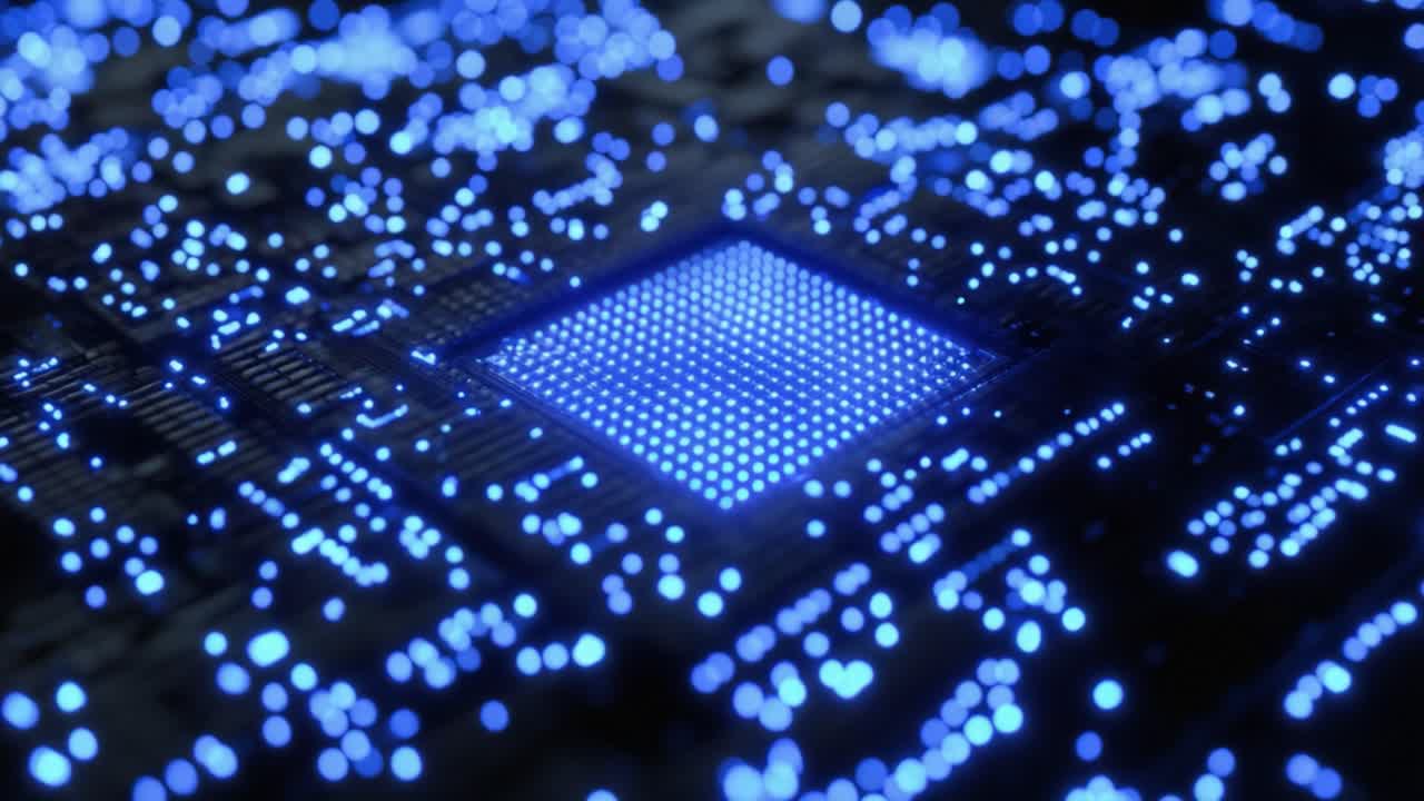 Futuristic animation showing a computer processor sending signals and glowing blue lights through a circuit board, representing the constant flow of digital information in modern technology