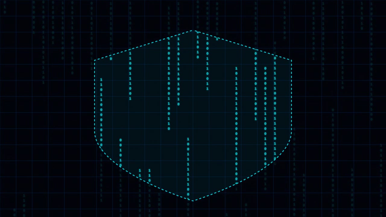 Digital Shield Icon with Falling Binary Code Animation