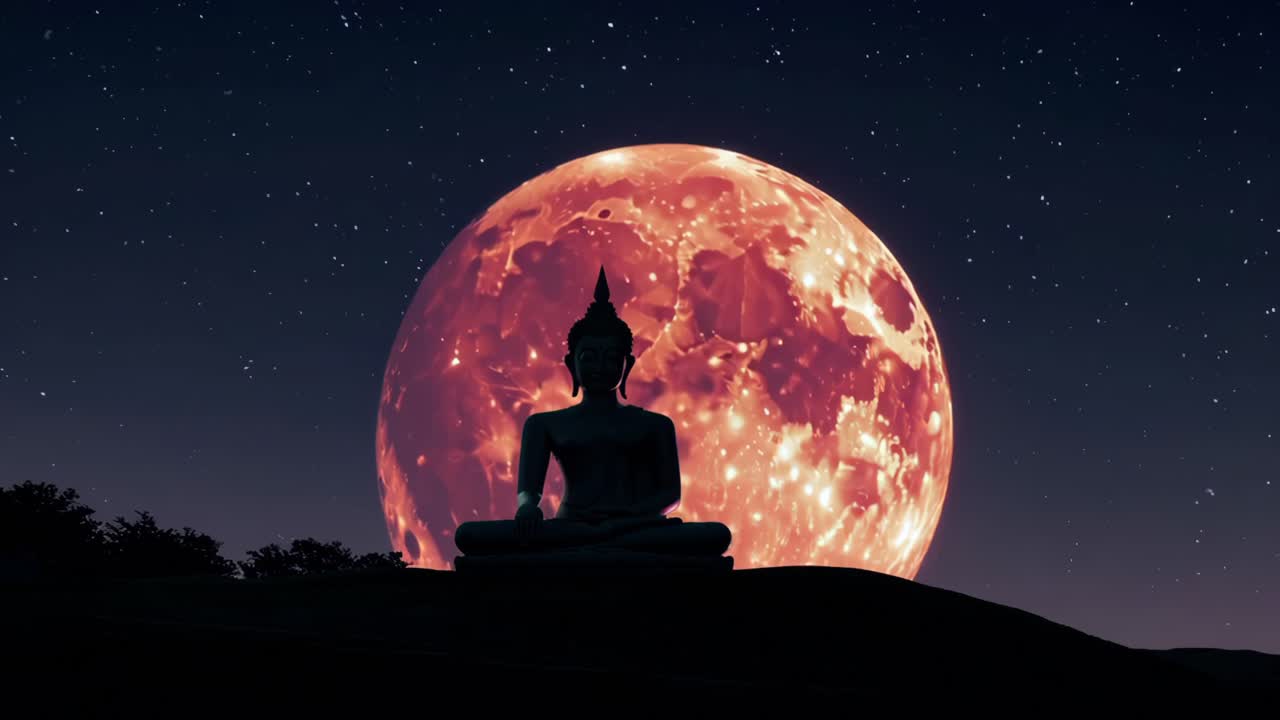 Silhouetted buddhist statue meditating beneath massive crimson moon, stars glimmering around serene spiritual landscape, embodying meditative tranquility and mystical zen essence