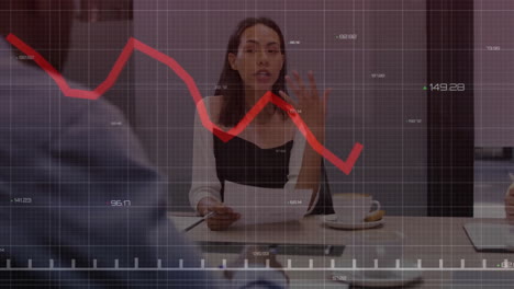 animation of red line financial data processing over diverse business people in office